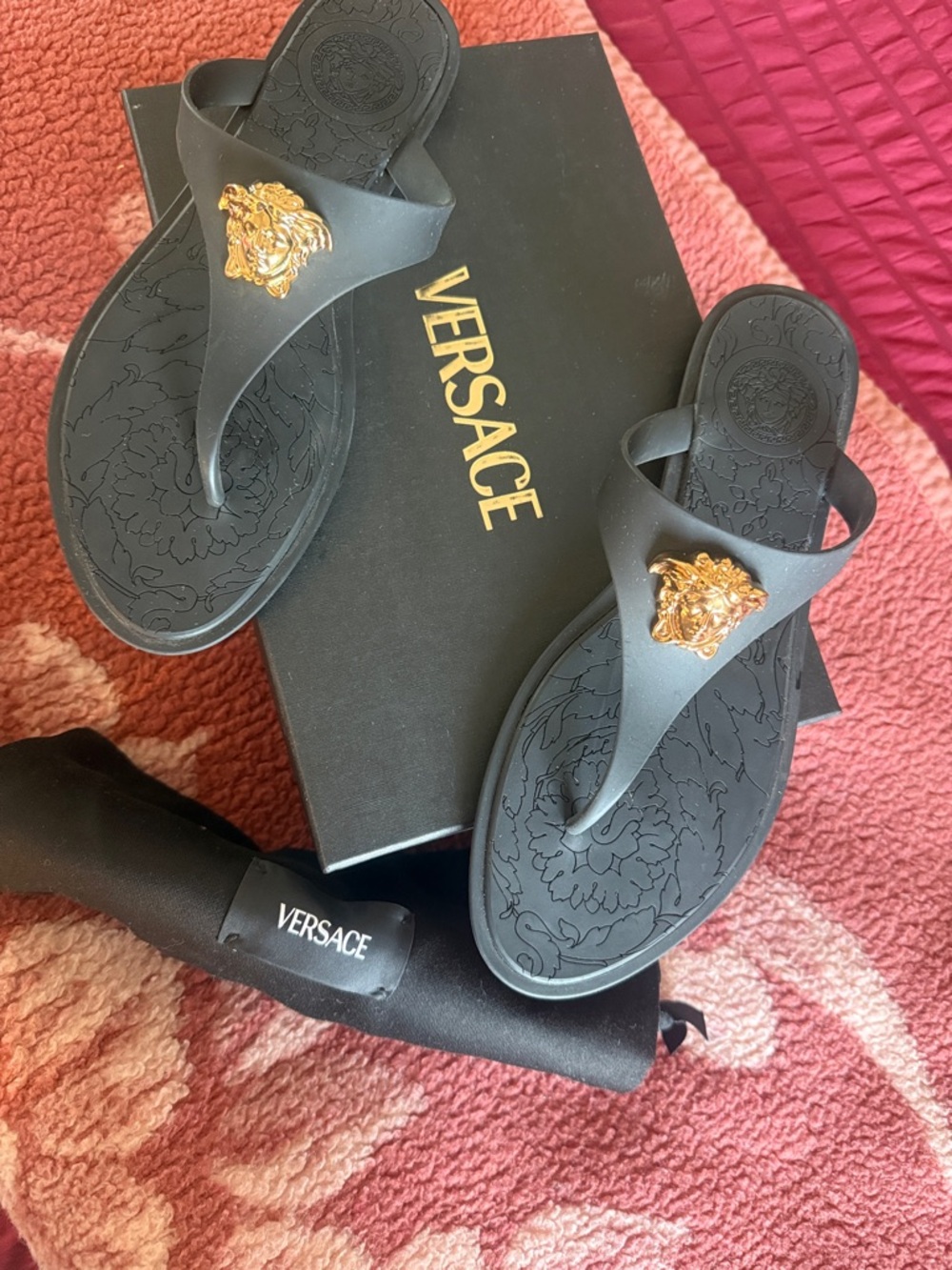 Versace Black Rubber Thong Sandals with Gold Medusa Emblem